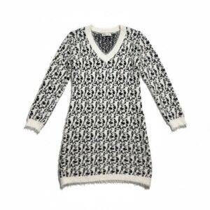 White‎ Mark Leopard Print Eyelash Knit V-Neck Sweater Dress Black White Small